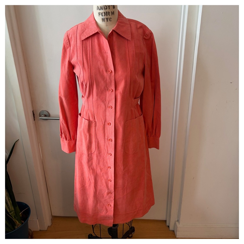 VINTAGE MOLLIE PARNIS 70s Coral Pink Ultrasuede Shirtdress Size 10